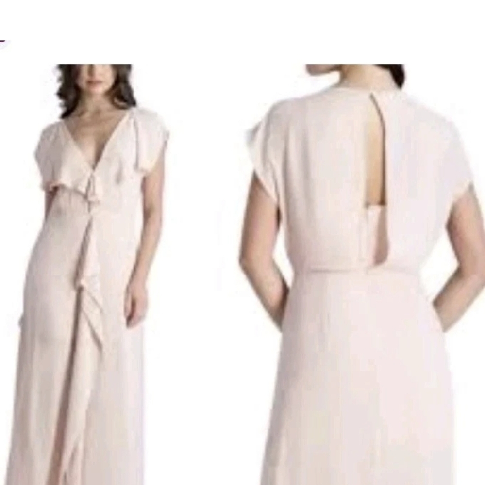 BCBG Maxazria Ruffle Cascade V-Neck Front Slit Maxi Gown Dress NWT $298 Pink 6